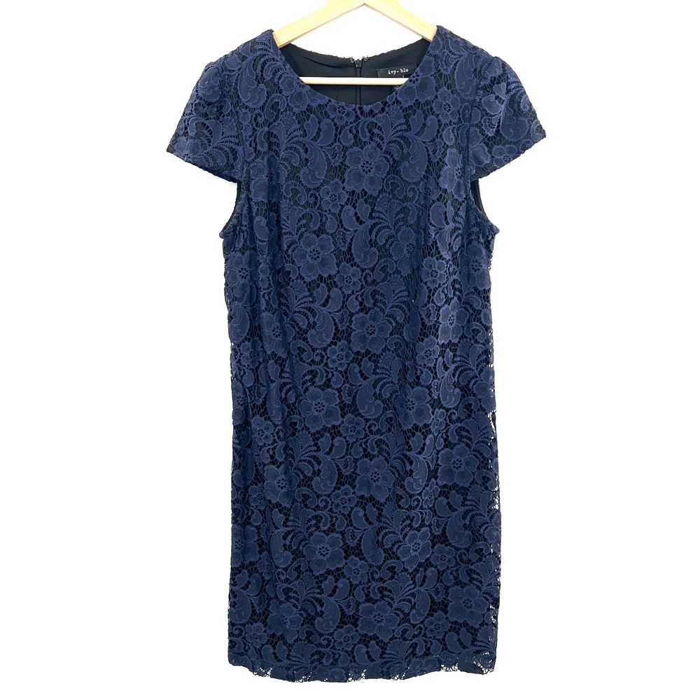 ivy + Blu navy blue lace shift cocktail mimi dress cap sleeve wedding guest 12